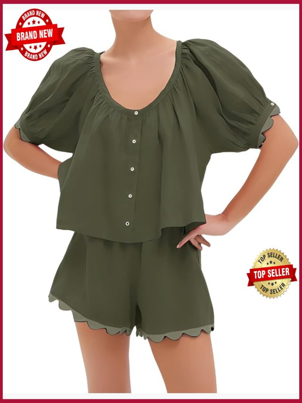 Womens 2 Piece Shorts Set Puff Sleeve Top Scalloped Hem Summer